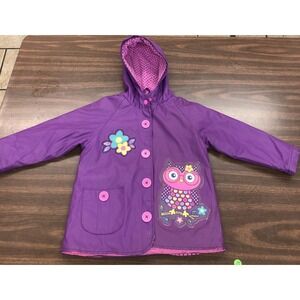 Owl Western Chief Rain Coat Little Girls Ruffle Polka Dot Purple Pink Flowers 3T